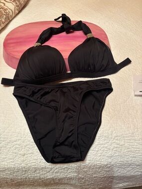 VENUS Black Halter Bikini with Gold Accents